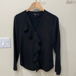 Theory Black 100% Silk Ruffle Front Blouse—Like New! Size P—Gorgeous!